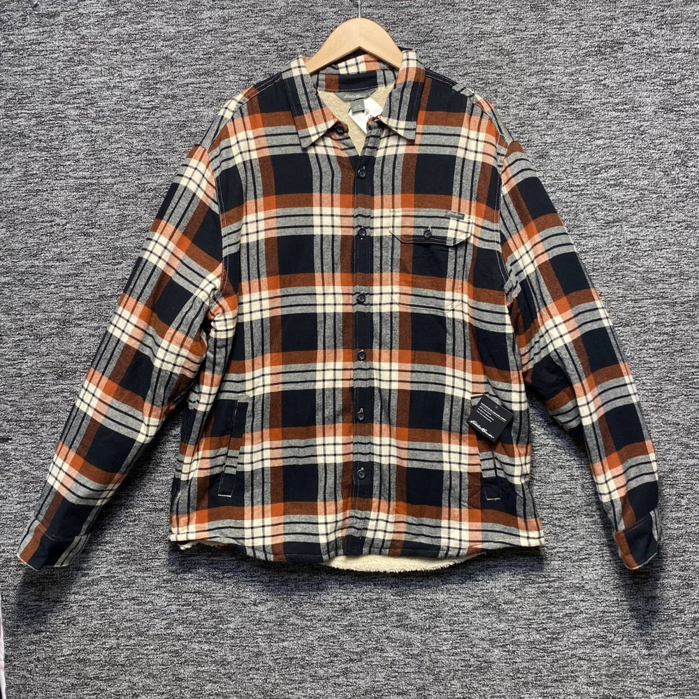 NWT Eddie Bauer Faux Shearling Lined Flannel Shirt Jacket Mens XL Plaid Shacket